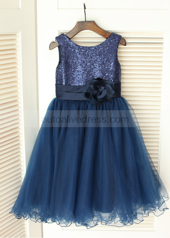 Navy Blue Sequin Tulle Curly Hem Knee Length Flower Girl Dress